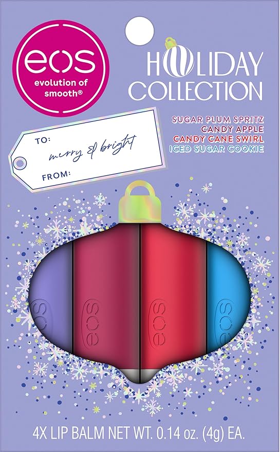 eos Holiday Lip Balm Gift Set, Sugar Plum Spritz, Iced Sugar Cookie, Candy Apple, Candy Cane Swirl, Limited Edition Lip Care, Stocking Stuffers, Natural Shea Butter, 0.14 oz, 4-pack