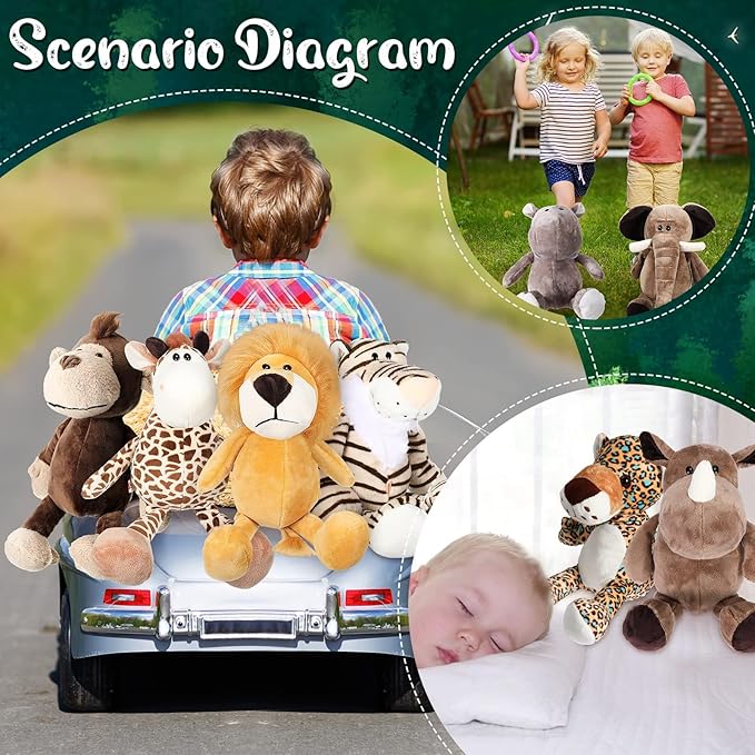 18 Pcs Safari Stuffed Animal, Plush Jungle Animal Toys for Girls Boys, 11.8'' Giraffe Lion Zebra 9.8'' Tiger Monkey 9'' Elephant for Adopt a Pet Party Favor Birthday Gifts Class Award