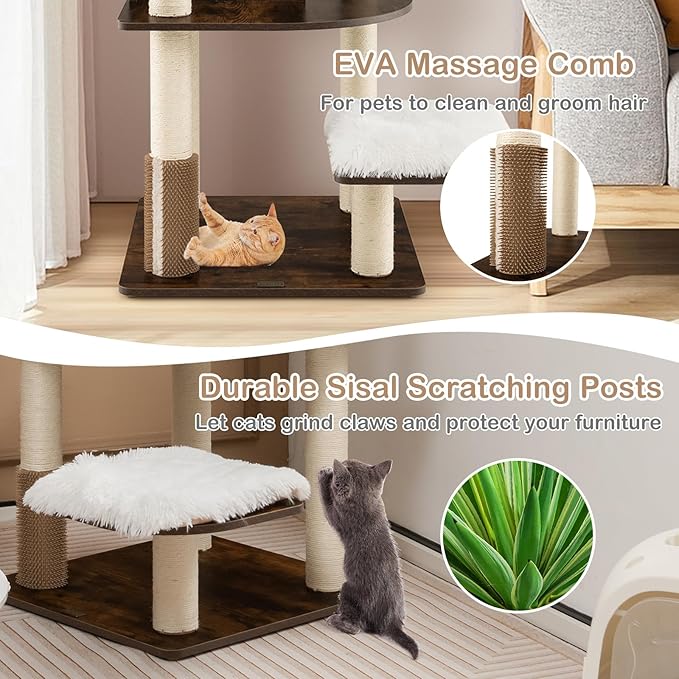COSTWAY 71-inch Cat Tree, 7-Layer Cat Tower with Scratching Posts, Self Groomer, Top Perch & Private Condo, Retro Cat Activity Center with Washable Cushions for Indoor Cats (Brown)