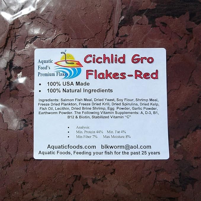 Aquatic Foods Inc. Cichlid GRO-Red Flakes, Discus, Angel Fish, Central & South American Cichlids for All Tropical Fish. Premium AF Flakes - 1/2-lb