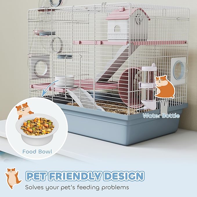 PawHut Hamster Cage, 3-Tier Gerbil Cage with Exercise Wheel, Food Bowl, Water Bottle, House, Tunnels, Ramps, Small Animal Habitat for Dwarf Hamster, Blue