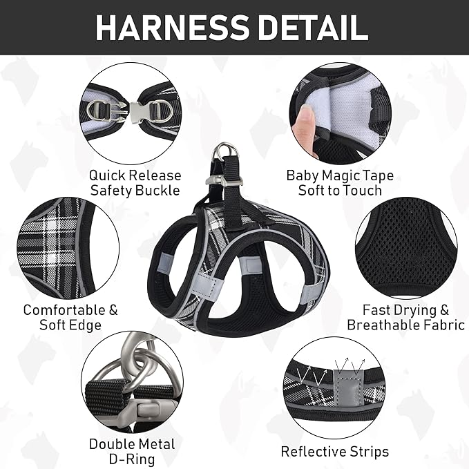 GAMUDA Small Dog Harness Collar and Leash Set, Step in No Chock No Pull Soft Mesh Adjustable Dog Vest Harnesses Plaid Reflective for Dogs Puppy Cats Kitten Rabbit (Black, XL)