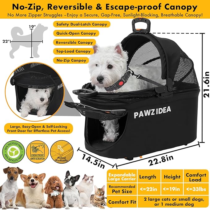 PAWZIDEA Pet Stroller 4 in 1, Cat Strollers with Detachable Carrier No-Zip Canopy, Portable Dog Crate for Car Seat Travel, Foldable & Lightweight Jogger for Small/Medium Dogs and Cats, Storage Basket