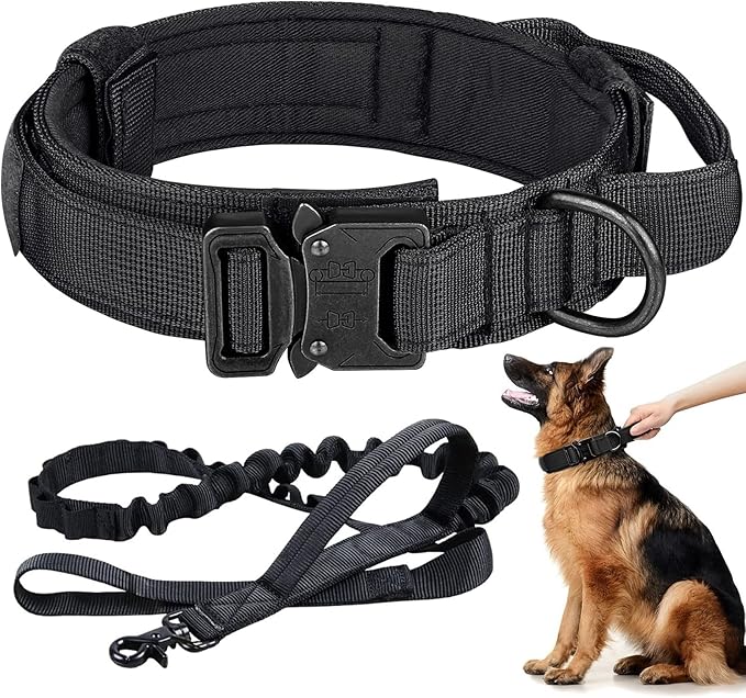Tactical Dog Collar and Leash Set Heavy Duty Military Dog Collar with Handle and Metal Buckle for Medium and Large Dogs (Black, M)