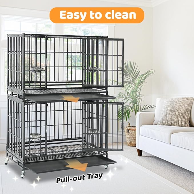 Homey Pet 37 Inch Stackable Heavy Duty Dog Crate Cage Kennel with Feeding Bowls, Lockable Wheels and Removable Tray, Escape Proof Wire Drop Dog Crates for Medium Dogs (Two Tiers)