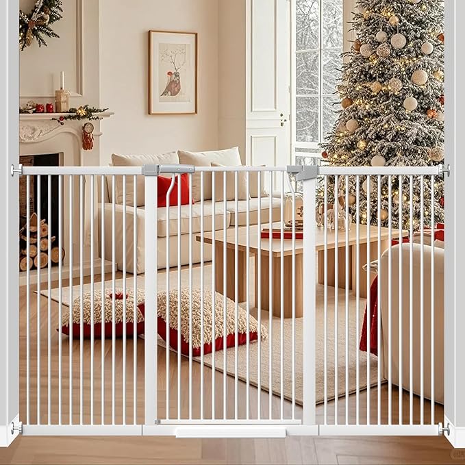 41" Extra Tall Baby Gate for Doorway, 65.8-72.2'' Metal Pet Baby Safe Gate, Extra Wide Pressure Mounted Cat Gate with Expansion Kit, No Drilling Cat Fence Indoor, Tall Dog Gate, White
