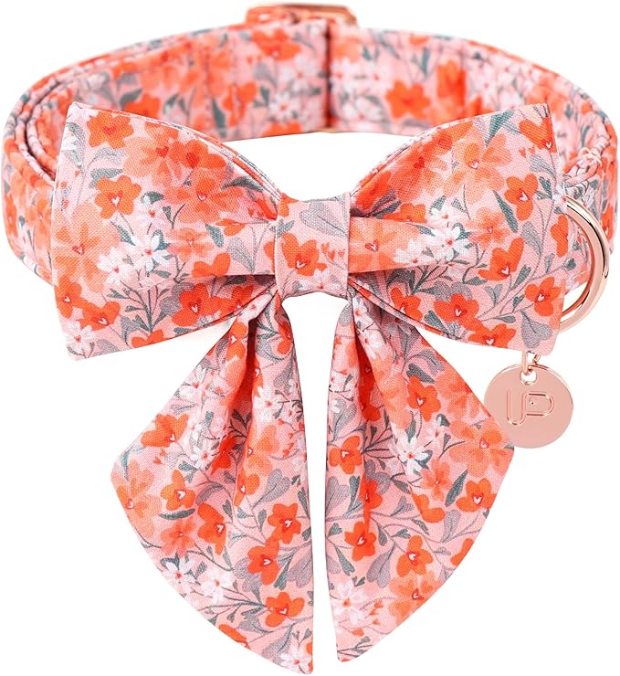 Dog Collar with Bow Tie,UP URARA PUP Orange Flower Bowtie Dog Collar, Summer Bowtie Collar for Puppy Boy Girl Dog, Comfortable Cotton Dog Collar with Metal Buckle,L