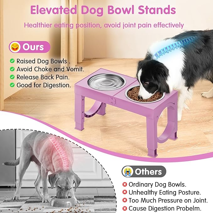 XIAZ Elevated Dog Bowls Large Breed Raised Dogs Bowl Stand Large/Medium Sized Dog 1L Food Water Bowl Stands 5 Heights Adjustable 9/11/12/14in Pink Pet Feeder Dish Station
