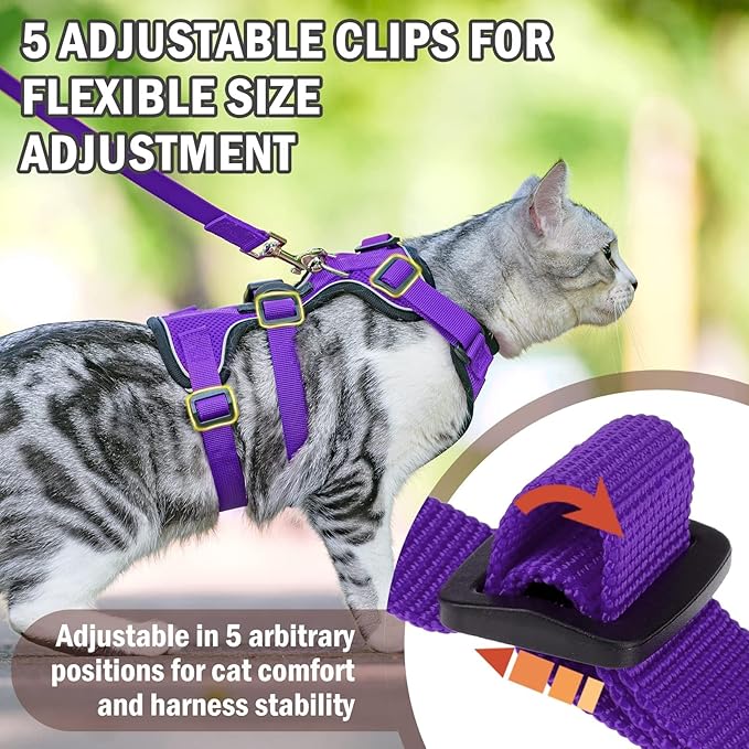 PUPTECK Cat Harness and Leash Set Escape Proof for Walking, Breathable Mash Vest Adjustable Harness for Cats Puppy Small Animals, Reflective at Night, Purple Medium