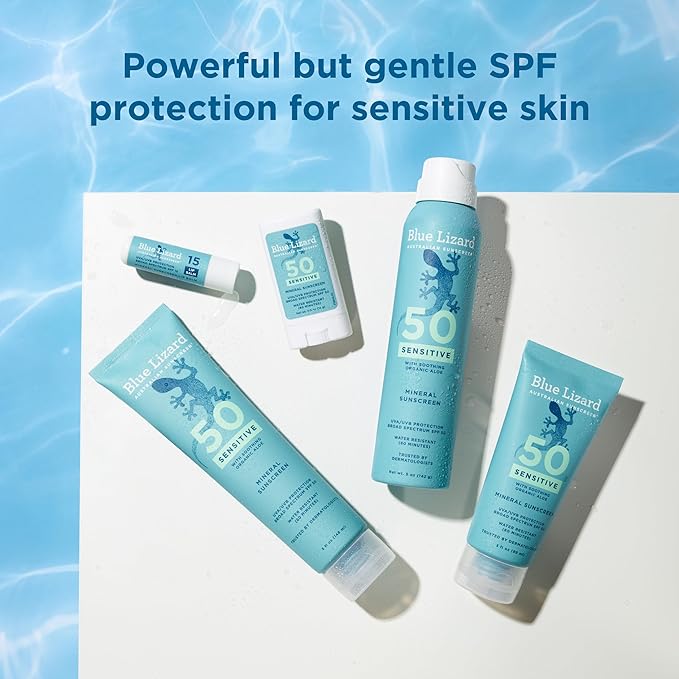 Blue Lizard Sensitive Mineral SPF 50 Sunscreen Lotion, 100% Mineral Sunscreen, UVA/UVB Protection, Infused with organic Aloe Vera, Soothes and Hydrates, 5 fl oz | with Zinc Oxide, 50+, Water Resistant, UVAUVB Protection, Sensitve