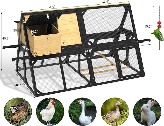 Chicken Coop for 4-8 Chickens, A-Frame Wooden Chicken Run, 95'' Outdoor Poultry Cage w/ 2 Nesting Box, Hen House w/Ventilating Wire, Waterproof Asphalt Roof, Yellow and Black