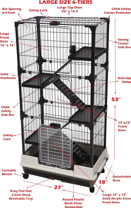 Large 5-Level In/Outdoor Small Animal Pet Cage for Guinea Pig Ferret Squirrel Chinchilla Cat Playpen Rabbit Hutch with Solid Platform Ramp Leakproof Litter Easy Clean 2-Inch Deep Tray Lockable Casters