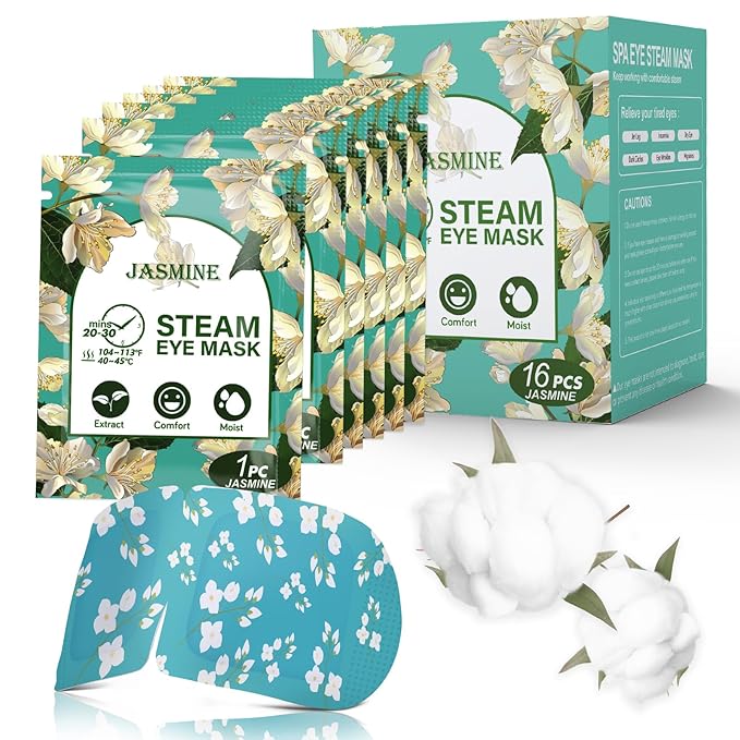 16-Pack Steam Eye Masks for Dry Eyes, Jasmine Warm Eye Mask for Tired Eyes, Relief Fatigue & Dark Circle, Heat Sleep Mask for Puffy Eye, Disposable Eye Mask, Warm Compress for Eyes, Travel Ready