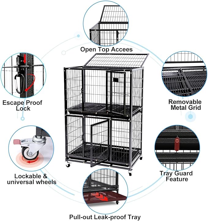 Homey Pet Six Packs 31 Inch Stackable Heavy Duty Dog Crate Cage Kennel with Four Lockable Wheels, Removable Tray, Escape Proof Wire Drop Dog Crates for Small Dogs (Two Tiers)