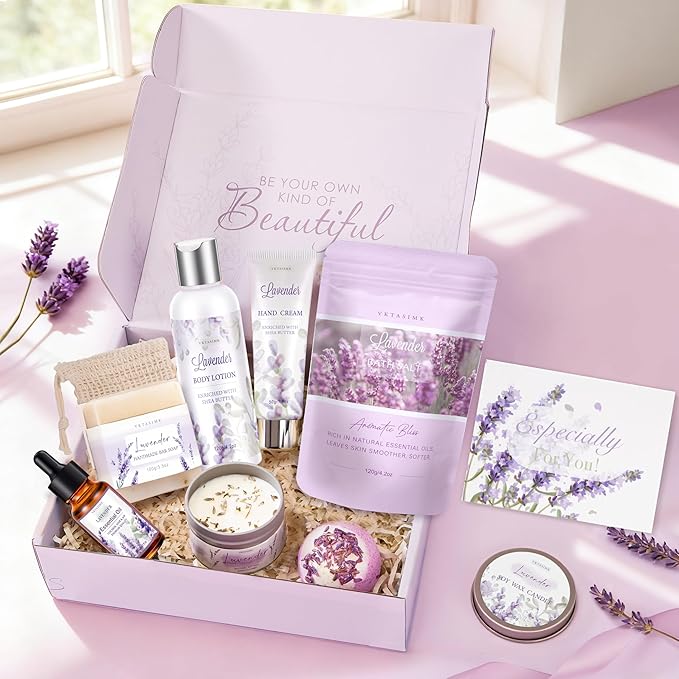 Gifts for Women, Lavender Bath and Body Gift Basket Relaxing Spa Self Care Gift, Mothers Day Gifts Happy Birthday Gift Baskets, Thank You for Mom Her Sister Wife Girlfriend Teacher Friends Friendship