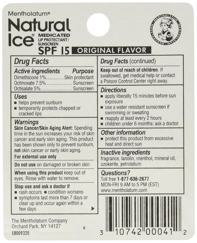 Mentholatum Natural Ice Medicated Lip Protectant Sunscreen, 0.16 Ounce (Pack of 36)