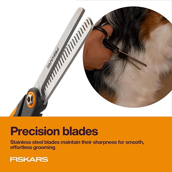 Fiskars Pet Scissors, Dog and Cat Grooming Scissors, Serrated Teeth for Thinning & SoftGrip Handle, Cat and Dog Supplies, 6.5”, Orange/Black, Blending Scissors