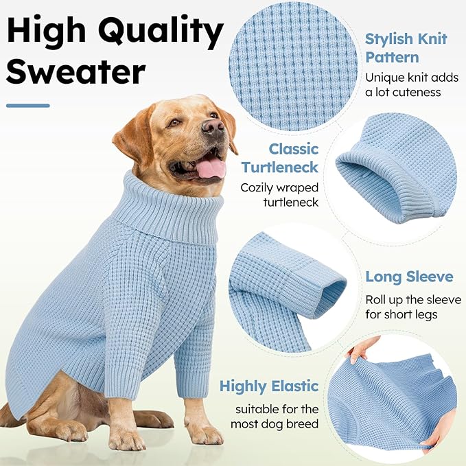 Queenmore Turtleneck Dog Sweater, Plaid Doggie Sweaters, Large Dogs Sweater with Check Pattern, Long Sleeve Holiday Pet Sweatershirt, Solid Dog Sweaters for Large Dogs, Blue L