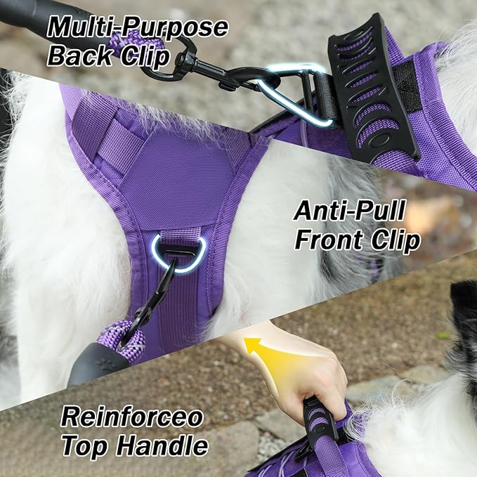 No Pull Tactical Dog Harness for Small Dogs, Escape Proof Molle Dog Vest Harness and Leash Set, Adjustable Military Service Dog Harness with Handle for Medium Large Dogs (Purple, Small)