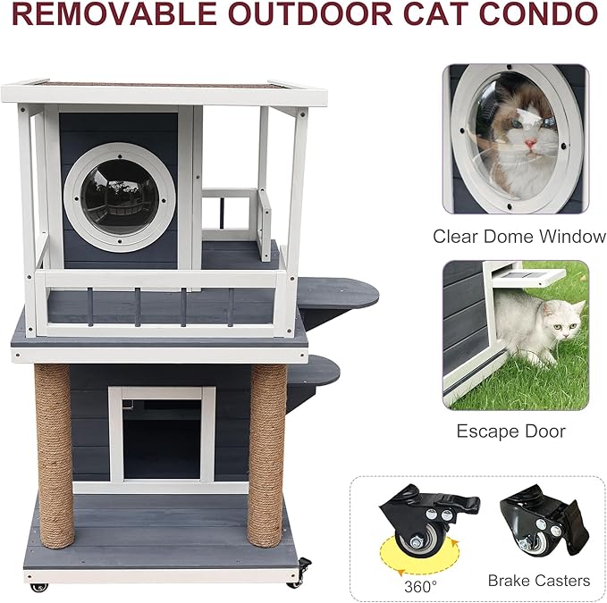 Rockever Outdoor Cat House, 2 Story Outdoor Cat Houses for Feral Cats Wooden Outside Cat Shelter Weatherproof with Escape Door & Cat Scratching Post