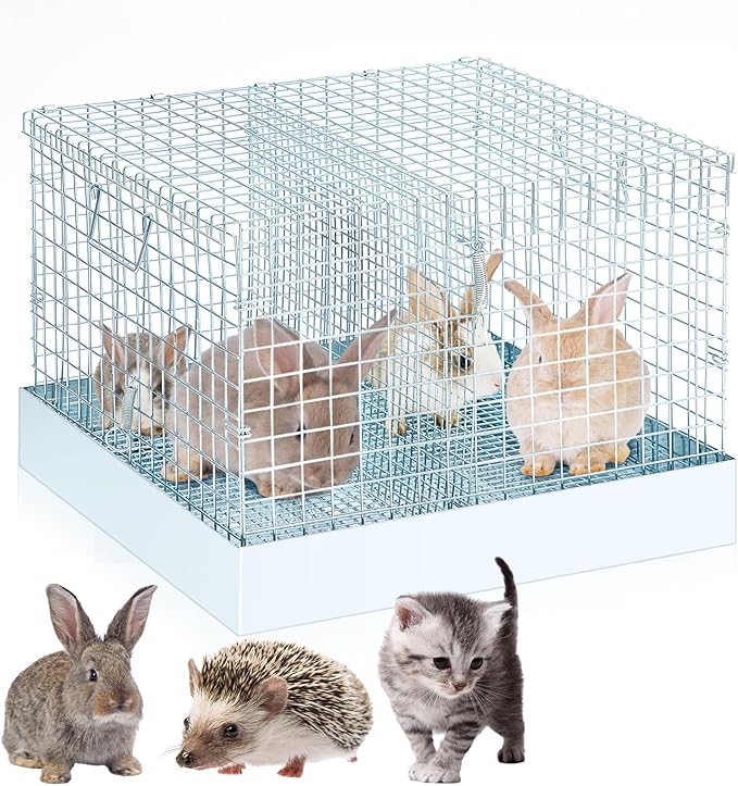 Folding Rabbit Cage, Portable Bunny Carrier with Tray and Handles for Transport, Trave or Temporary Housing, Indoor Outdoor Pet Habitat Animal Enclosure (16 x 14 x 12 in)