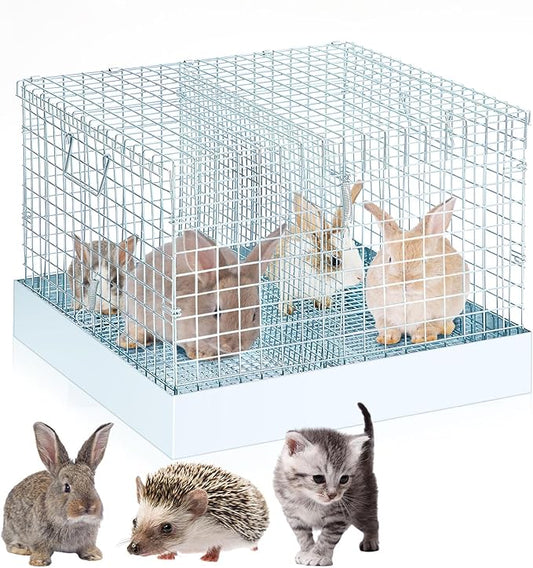 Folding Rabbit Cage, Portable Bunny Carrier with Tray and Handles for Transport, Trave or Temporary Housing, Indoor Outdoor Pet Habitat Animal Enclosure (16 x 14 x 12 in)