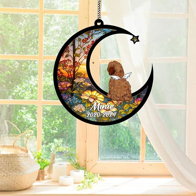 Personalized Cavachon (Brown) Sun Catcher, Dog Memorial Gifts, Custom Cavachon (Brown) with Wings Ornament Christmas Tree, Loss of Dog Sympathy Gift Memorial Suncatchers