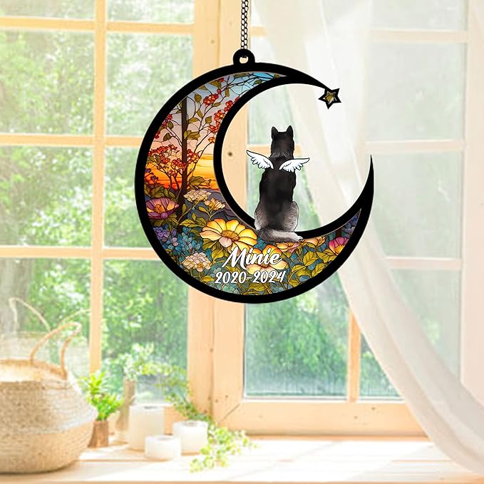 Personalized Husky (Black White) Sun Catcher, Dog Memorial Gifts, Custom Husky (Black White) with Wings Ornament Christmas Tree, Loss of Dog Sympathy Gift Memorial Suncatchers