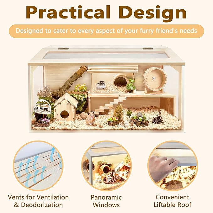 PROLEE Hamster Cage with Chewproof Wood Top,Guinea Pig Cages, Hamster Habitat with Clear Acrylic Sheets Solid Built, Small Animal Cage (Oak, 40X20X20 inch)