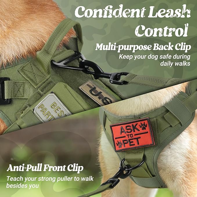 rabbitgoo Tactical Dog Harness Medium Sized, Heavy Duty Pet Harness with Handle, No-Pull Service Vest Medium Breed, Adjustable Military Dog Vest for Training Hunting Walking, Green, M