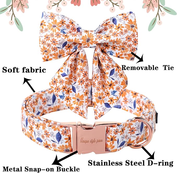 Unique Style Paws Autumn Leaf Collar with Bowtie Blue Leaf Flower Cotton Dog Collars for Small Medium Large Dogs