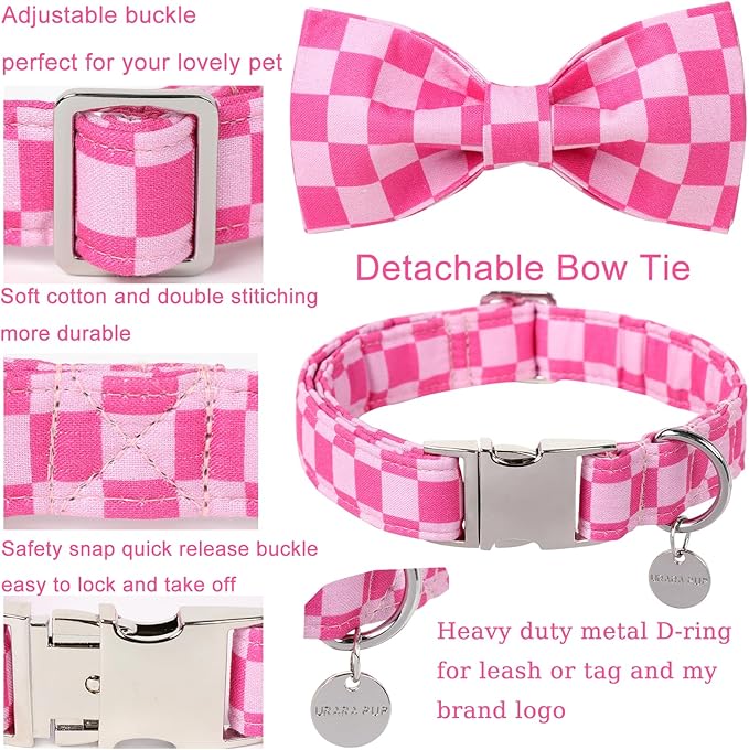 Dog Collar with Bow Tie,Pink Bow Dog Collar with Adjustable Buckle,Cotton Puppy Collar for Small,Medium,Large Dogs