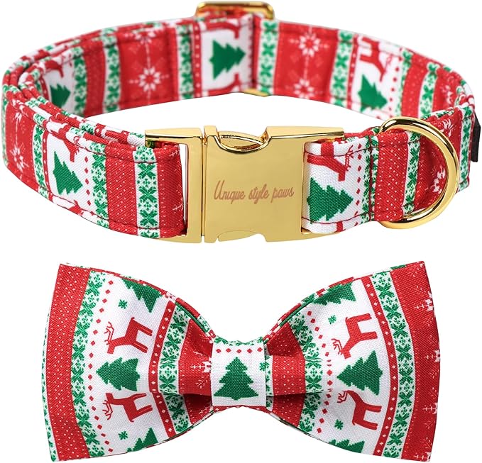 Unique Style Paws Christmas Day Dog Collar with Bow Christmas Tree Cotton Puppy Collars for Small Medium Large Dogs
