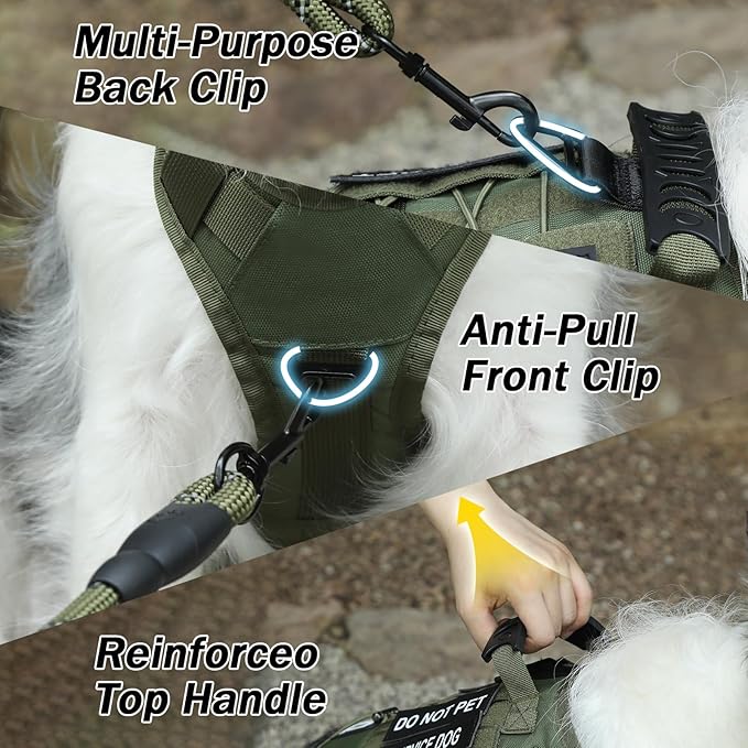 No Pull Tactical Dog Harness for Small Dogs, Escape Proof Molle Dog Vest Harness and Leash Set, Adjustable Military Service Dog Harness with Handle for Medium Large Dogs (Green, S)