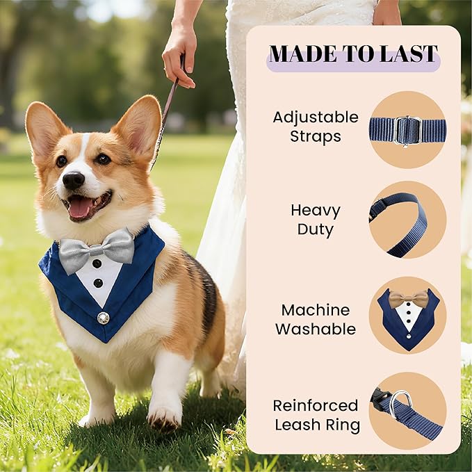 AVERYDAY Dog Tuxedo Wedding Outfit Bandana Collar with Bow Tie, Dog Tux Costume Suit with Bowtie for Small Medium Large Dogs & Cats, Pet Tuxedo Formal Wear for Engagement Birthday, Holiday, Christmas