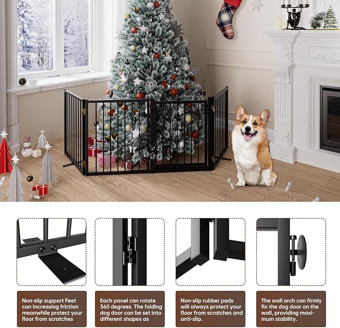 4 Panels Full Metal Freestanding Dog Gates with Door, 80” W x 24” H Folding Pet Gate Fence with Support Feet for Indoor,Stairs, Hallways and Doorways(Black)