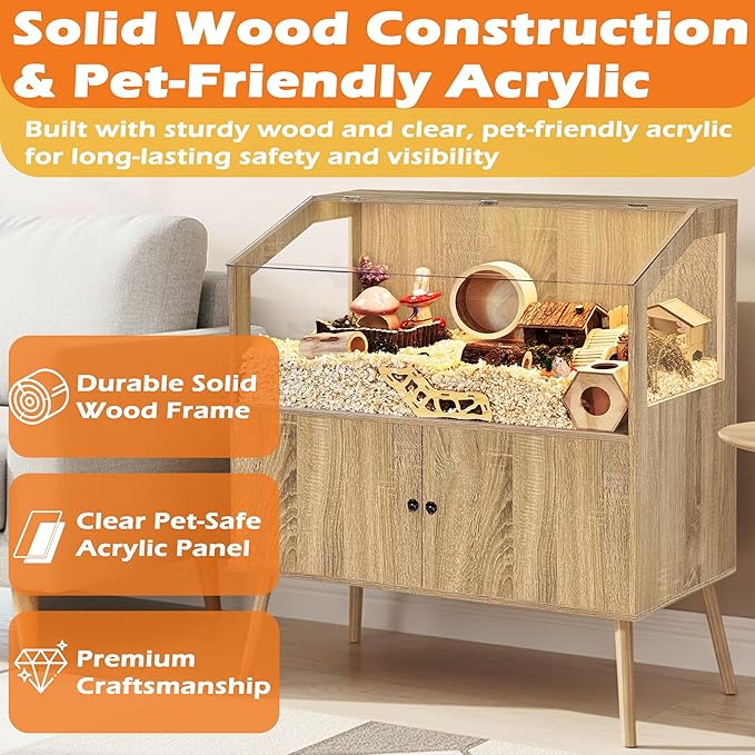 PROLEE Hamster Cage with Storage Cabinet,Large Hamster Encloure Chew Proof Wood,Clear View Hamster Habitat for Guinea Pig, Ferret, Rat, Hedgehog, 40" L x 20" W x 47" H (White Oak)