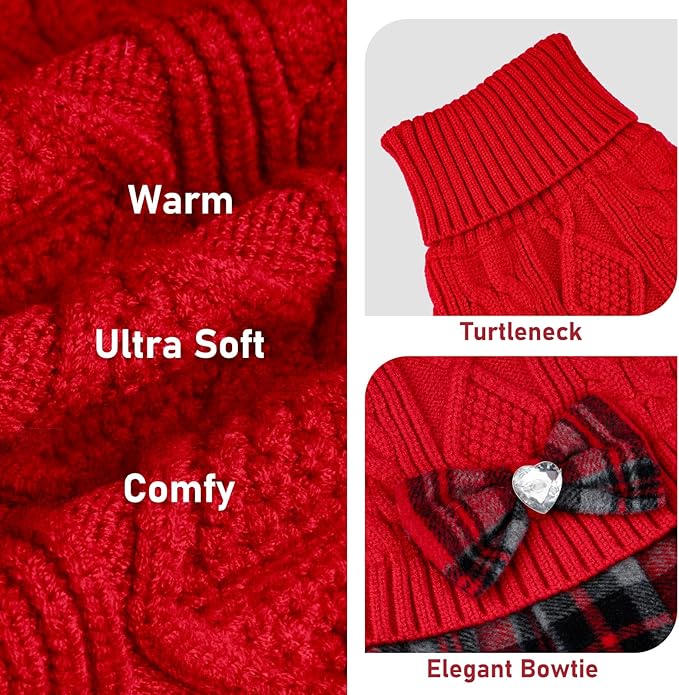 KYEESE Dog Sweater Warm Dog Sweater Pullover Dogs Sweaters for Medium Dogs Girl Stretchy Dogs Clothes Soft Turtleneck Pet Sweater Dress Comfy Pet Coats with Bowtie, Red, XX-Large