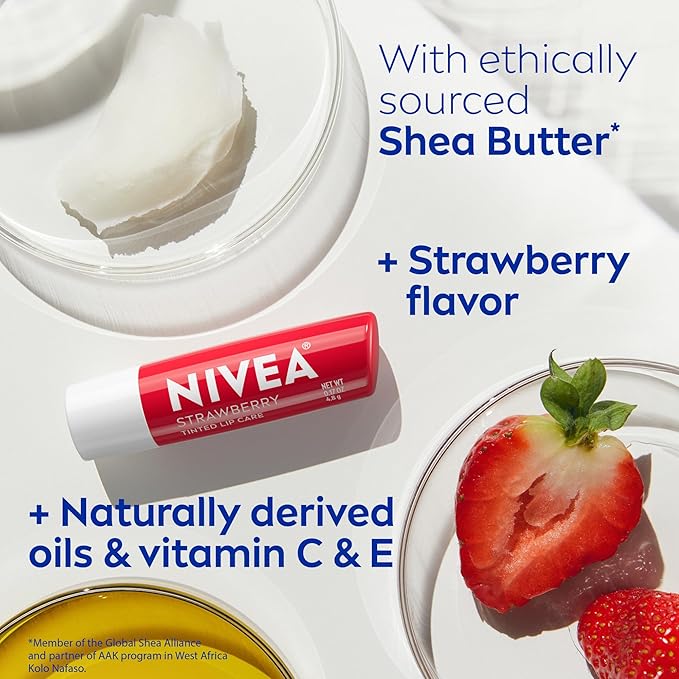 NIVEA Strawberry Lip Care, Red Tinted Lip Balm Pack with Shea Butter, Nourishing Oils and Vitamin C & E, 3-in-1 Moisture, Repair and Color, 0.17 Oz Stick, Pack of 4