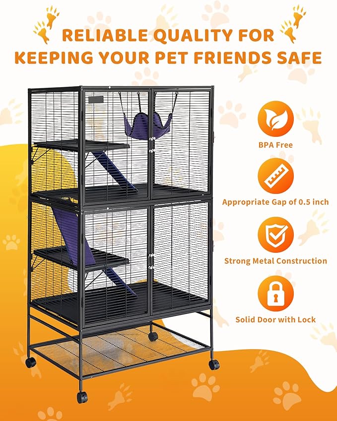 Garvee Metal Small Animal Cage,64 in H Ferret Cage for Small Animals - 4 Tier Large Hamster Cage with Removable Ramp, Hammock, Extra Storage Stand,Removable Tray for Ferret, Chinchilla, Hamster
