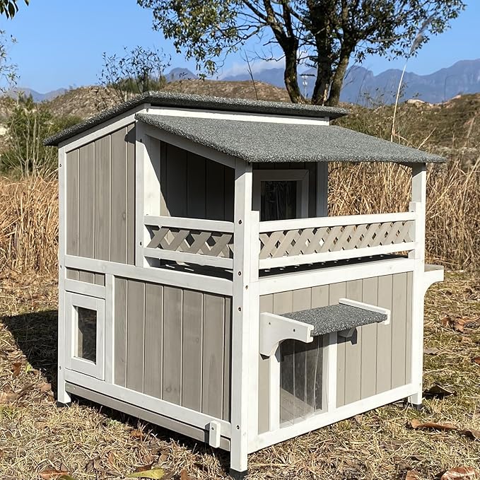 Feral Cat Shelter Outdoor Weatherproof Houses for Cats Two Story Wooden Cat House Outside Feral Cat House with Balcony Waterproof, Escape Doors