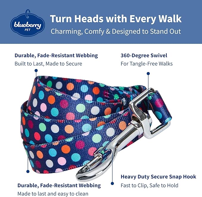 Blueberry Pet Valentine's Day Dog Leash, Velvety Soft-Touch Heart Flocking Lead for Medium Dogs, Rainbow Polka Dots, 5 ft x 3/4"