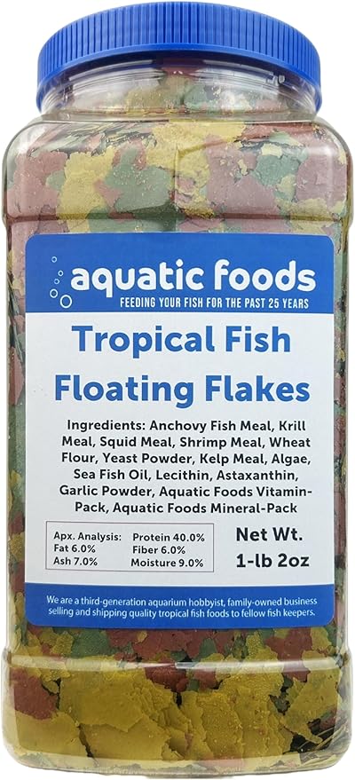 Aquatic Foods Inc. Premium Tropical Fish Flakes, for All Community Tropical Fish, Cichlids and Pond Fish. AFI Tropical Flakes…1-lb 2oz Lg Jar