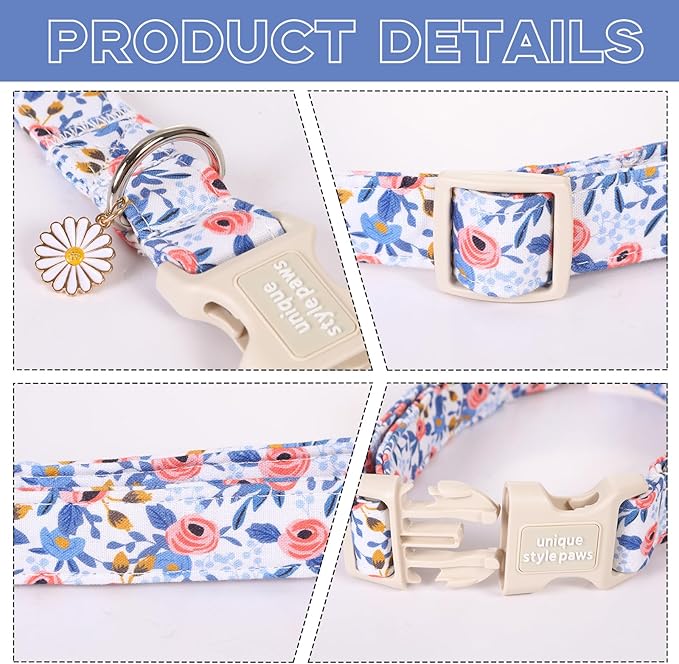 Unique Style Paws Dog Collar Plastic Buckle with Pendant Blue Rose Flower Grid Cotton Puppy Collars for Small Medium Large Dogs