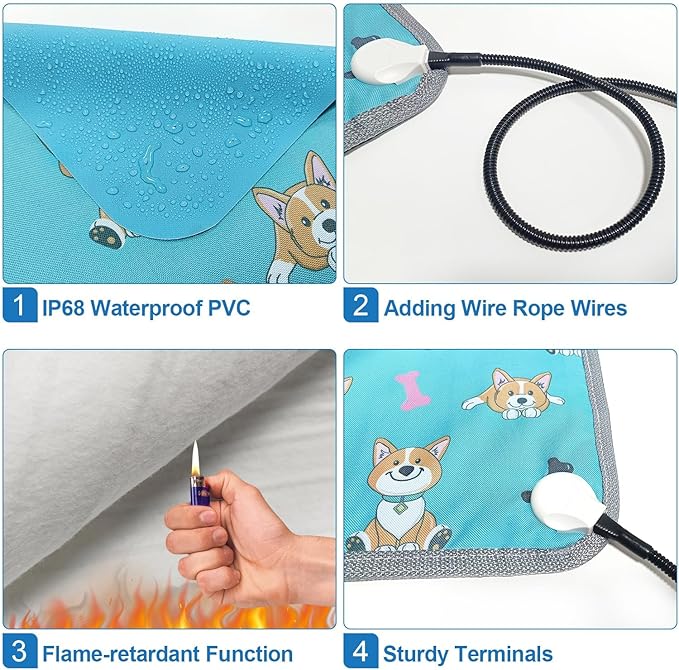 Cat Heating Pad 18x18 in Pet Heating Pad for Cats Waterproof Smart Thermostat Switch, Adjustable, Adding Wire Rope Wires Cat Warming Pad-Blue
