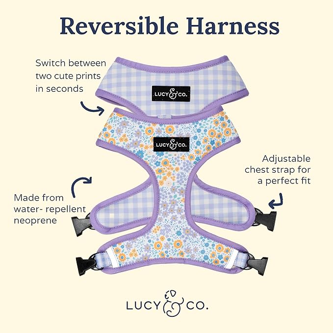 Lucy & Co. Cute Reversible Dog Harness Walking Halter - Best Designer Pet Harnesses for XS - XL Dogs - Padded Adjustable Vest for Easy Walking (Small, Among The Wildflowers - Purple Floral)