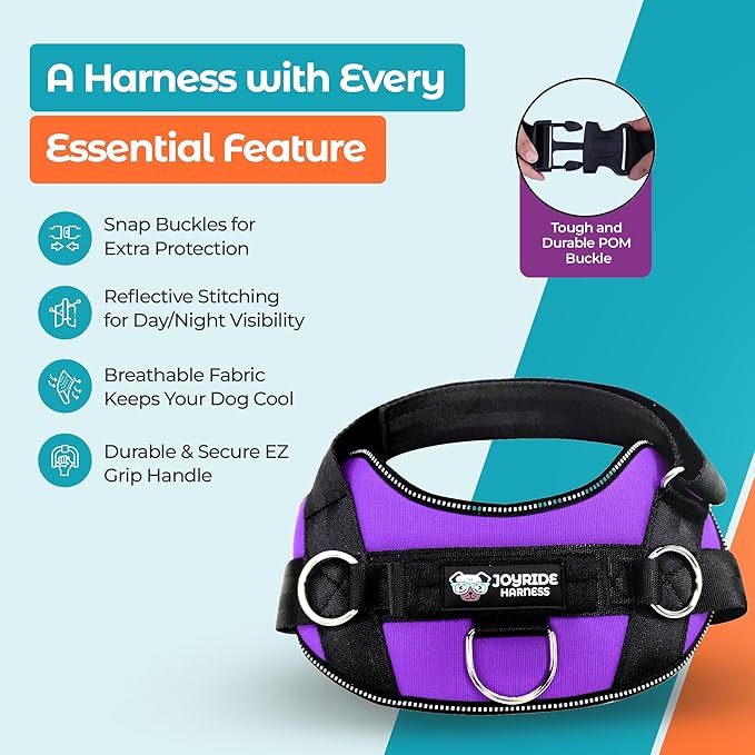 Joyride Basic Essential Dog Harness 1.0 - Small, Medium, Large Dogs, No-Pull Pet Vest with 3 Side Rings for Leash Placement, Adjustable for Training (Purple Majesty, XL)