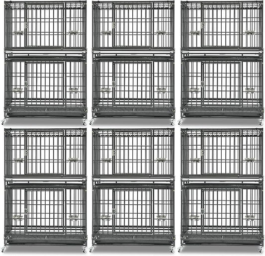 Homey Pet Two Tiers 37 Inch Dog Crate Cage Kennel with Feeding Bowls, Lockable Wheels and Removable Tray, Escape Proof Metal Wire Heavy Duty Dog Crates for Medium/Small Sized Dogs (6 Pack)
