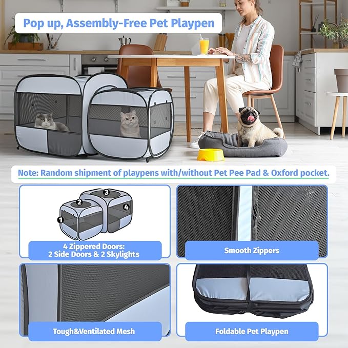 Pop up Portable Cat Playpen 2-in-1 Dog Playpen, No Assembly Need, Pet Cat Dog Tent Crates Kennel Cage, Cats Enclosure for Kitten and Puppy Indoor Outdoor Use(No Divider, Unified Space)