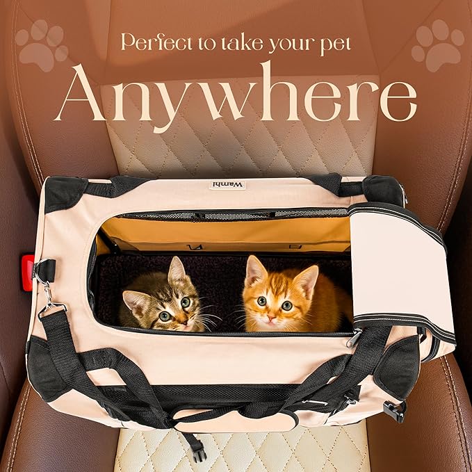Large Cat Carrier Soft-Sided Travel Carrier - Fits 2 Cats or Small Dog, Portable Foldable Design with Litter Box, Bowl & Fleece Pad, 24” x 16.5” x 16.5”